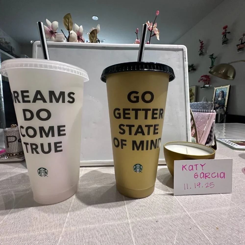 Starbucks Plastic cups w/message